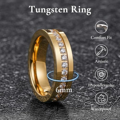 King Will Mens Tungsten Wedding Band with Cubic Zircon Inlay 7mm/8mm Flat Cut Comfort Fit Engagement Rings - color: Gold&White-6mm