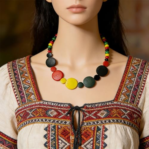 ONLYJUMP Colorful Ethnic Wooden Jewelry Set for Women Round Statement Dangle Earrings Multilayered Geometric Beaded Bracelet Necklace Exaggerated Tribal Style Jewelry - color: Colorful A
