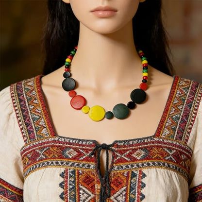 ONLYJUMP Colorful Ethnic Wooden Jewelry Set for Women Round Statement Dangle Earrings Multilayered Geometric Beaded Bracelet Necklace Exaggerated Tribal Style Jewelry - color: Colorful A