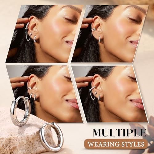 4 Pairs Small Hoop Earrings for Women 14K Gold Plated | Trendy Chain Drop Earrings Set, Hypoallergenic CZ Huggie Hoops, Lightweight Cartilage Earring Stacks - color: Silver Plated-hoop&cuff