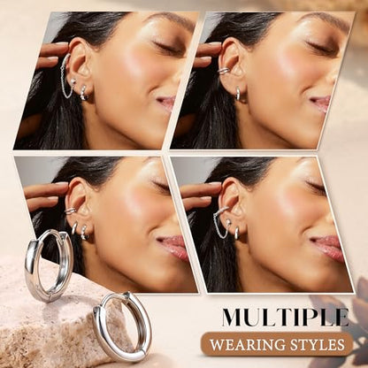 4 Pairs Small Hoop Earrings for Women 14K Gold Plated | Trendy Chain Drop Earrings Set, Hypoallergenic CZ Huggie Hoops, Lightweight Cartilage Earring Stacks - color: Silver Plated-hoop&cuff