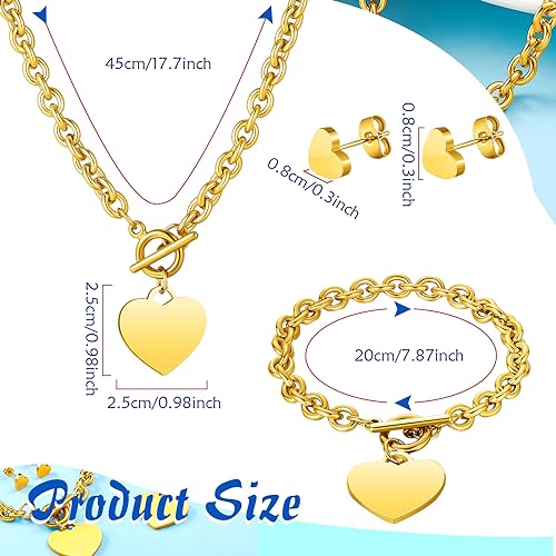 3 Pcs Heart Bow Snow Jewelry Set | Heart Necklace with Bracelet Earring, Snow Jewelry Set for Women, Bow Charms Toggle Gifts - color: Gold, style: Stainless Steel Heart