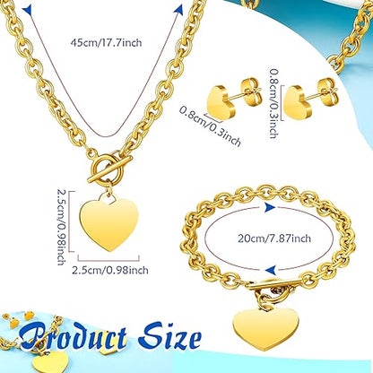 3 Pcs Heart Bow Snow Jewelry Set | Heart Necklace with Bracelet Earring, Snow Jewelry Set for Women, Bow Charms Toggle Gifts - color: Gold, style: Stainless Steel Heart