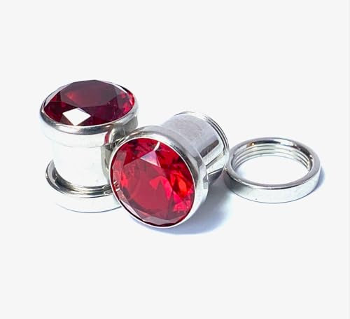 PAIR of Stunning Large CZ Red Gem Screw Fit Tunnels - Plugs - Gauges - Body Jewelry - size: 00g (10mm)