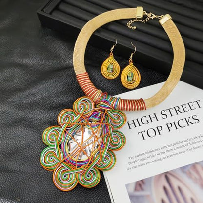 African Jewelry Sets Statement Big Crystal Pendent Necklace Earrings Set For Women Handmade Bib Collar Costume Tribal Fashion Accessories - color: KDLUN5305 Multicolor