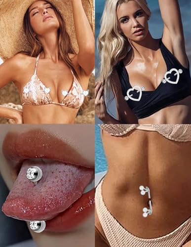 8 Pairs Nipple Rings 14G Stainless Steel Heart Cherry Apple Devil CZ Acrylic Ball Stud Barbell Tongue Rings Set Cute Nipplerings Piercing Jewelry for Women Red Silver Tone - color: Silver