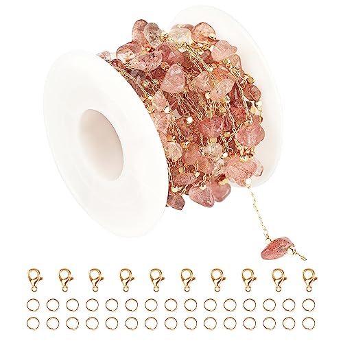 KYUNHOO 16.4FT Natural Gemstone Chain Links for Jewelry Making with Clasps | KC Gold Plated Brass Jewelry Chain Spool Handmade Natural Raw Healing Crystal Stone Chains for Necklace Making - color: Natural Stone-Strawberry