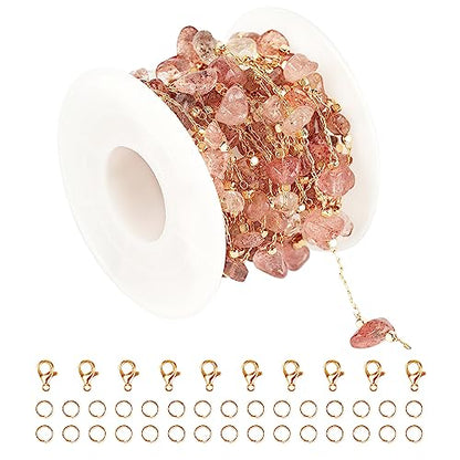 KYUNHOO 16.4FT Natural Gemstone Chain Links for Jewelry Making with Clasps | KC Gold Plated Brass Jewelry Chain Spool Handmade Natural Raw Healing Crystal Stone Chains for Necklace Making - color: Natural Stone-Strawberry