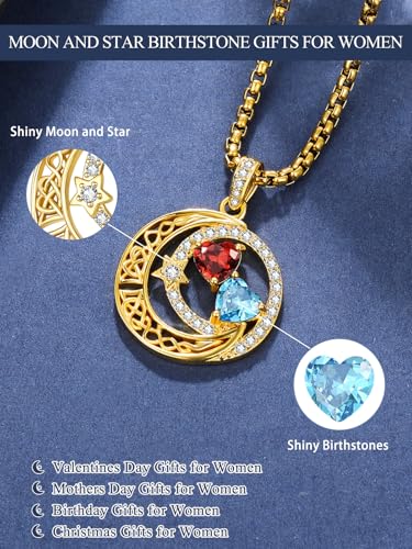 14K Gold Moon and Star Double Birthstone Necklace Gifts for Women | 2 Heart Birthstone Necklace,Mothers Day Wedding Anniversary Birthday Gifts for Wife Mom Daughter Grandma Sister - color: 01-03-Jan-Mar Birthstone