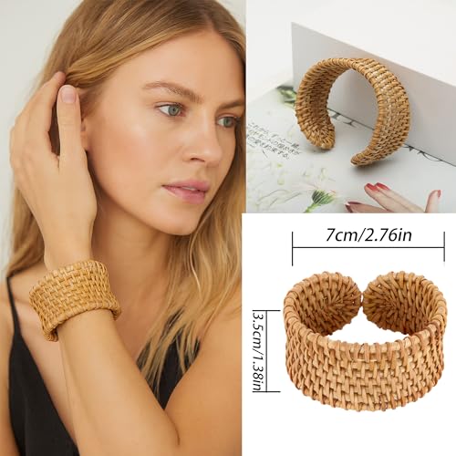 6 Pcs Handmade Raffia Rattan Earrings And Bracelets Boho Round Drop Dangles Cute Fun Jewelery Set Bold Bohemian Statement Jewelry for Women