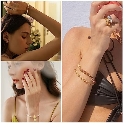 IFKM 6 PACK (24 PCS) Boho Gold Chain Bracelets Set for Women, 14K Gold Plated Multiple Layered Stackable Open Cuff Wrap Bangle Adjustable Link Italian Cuban Jewelry for Women Gift - style: 27PCS Gold Thin Chain