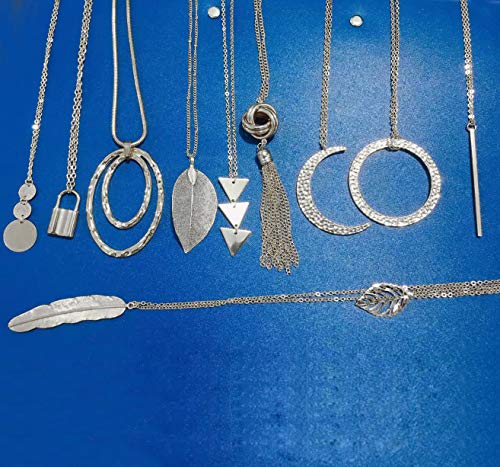 10Pcs Long Pendant Necklace Simple Moon Bar Three Triangle Tassel Lock Sweater Y Shape Punk Chain Choker Necklace for Women Men Gold Silver Plated - style: B:10Pcs Silver Tone