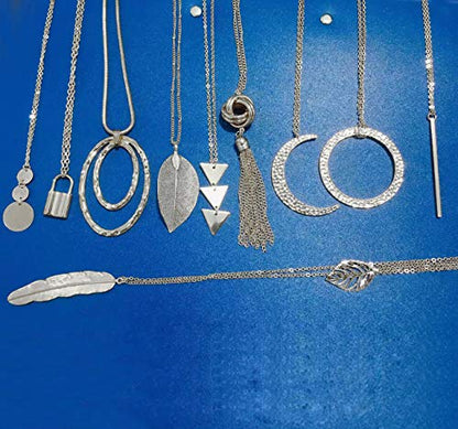 10Pcs Long Pendant Necklace Simple Moon Bar Three Triangle Tassel Lock Sweater Y Shape Punk Chain Choker Necklace for Women Men Gold Silver Plated - style: B:10Pcs Silver Tone
