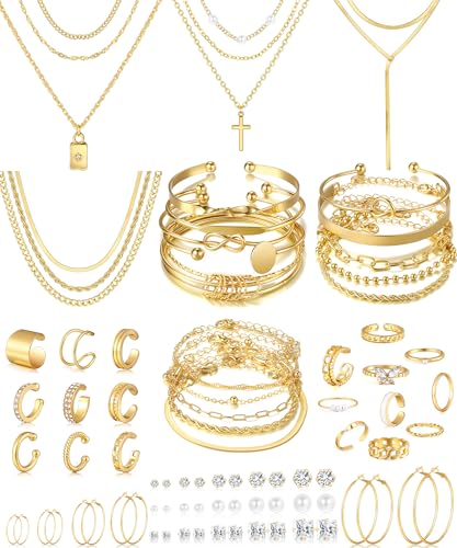 17 MILE 78 Pieces Gold Jewelry Set for Women, 9 Necklace, 24 Bracelet, 22 Earrings, 23 Knuckle Rings Gold Plated Jewerly set for Women Gift - color: gold Jewelry-stackable