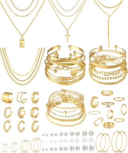17 MILE 78 Pieces Gold Jewelry Set for Women, 9 Necklace, 24 Bracelet, 22 Earrings, 23 Knuckle Rings Gold Plated Jewerly set for Women Gift - color: gold Jewelry-stackable