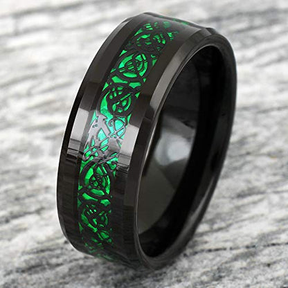 Engraved Personalized 6mm/8mm Polished Black Tungsten Carbide Band Ring w/Black Celtic Dragon on Iridescent Kelly Green Faux Carbon Fiber Inlay.