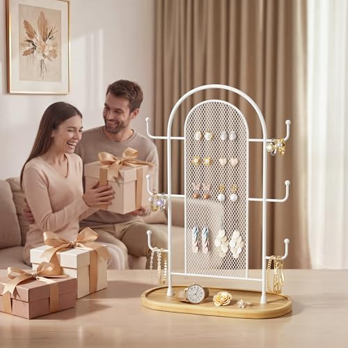 bussdis Jewelry Holder Organizer Earring Display - Earring Storage Tree Stands Towers With 6 Hooks 300 Studs Wood Tray White Metal Rack - color: White