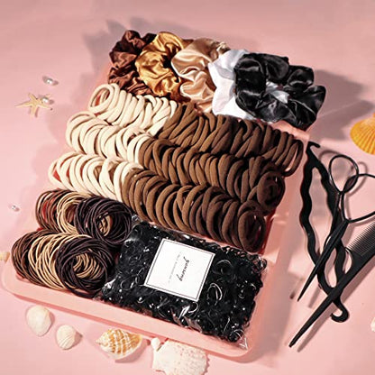 YANRONG Brown Hair Ties For Women Girls,Elastic Ponytail Holders Rubber Band For Thick Hair & Thin Hair Fashion Hair Accessories Set（809PCS） - color: Brown