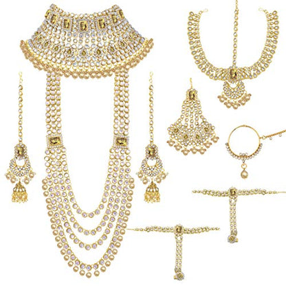 Aheli Traditional Wedding Indian Bharatanatyam jewellery set Long Choker Necklace Earrings Maang Tikka Nath Paasa Hath Phool for Women - color: Champagne