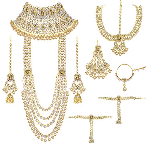 Aheli Traditional Wedding Indian Bharatanatyam jewellery set Long Choker Necklace Earrings Maang Tikka Nath Paasa Hath Phool for Women - color: Champagne