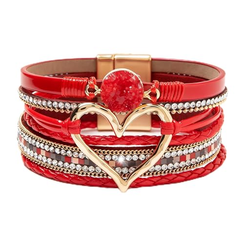 Leather Wrap Bracelets for Women, Boho Leopard Multi-Layer Crystal Beads Cuff Jewelry - color: J-Warp-016