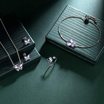 925 Sterling Silver Birthstone Butterfly Jewelry Women Crystal Animal Cute Butterflies Birthday Necklace/Earring/Ring/Bracelet Sets Birth Stone Statement Anniversary Jewellery - color: 3-F.June-Alexandrite