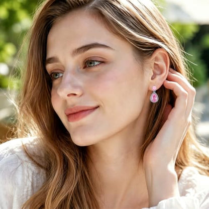 Drop Dangle Earrings Teardrop Gemstone Waterdrop White Gold Plated Crystal Hanging Cubic Zirconia Ruby Sapphire Emerald Jewelry Gift for Women Mother Wife - color: Pink
