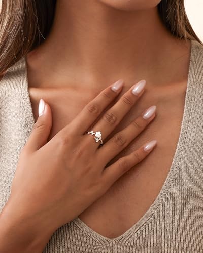 Rings for Women Non Tarnish, 14K Gold Plated Open Pearl Flower Band Adjustable Cubic Zirconia Rings for Women - color: Gold