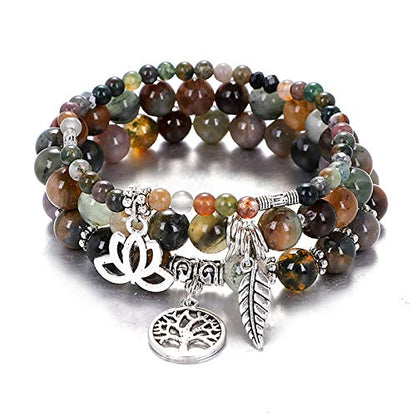 Tree of Life Yoga Healing Stone Bracelets,Multilayer Lotus Chakra Stone Reiki Bracelet Sets,Anxiety Crystal Natural Stone,for Women Stress Relief - style: Style 3 India + aquatic plants