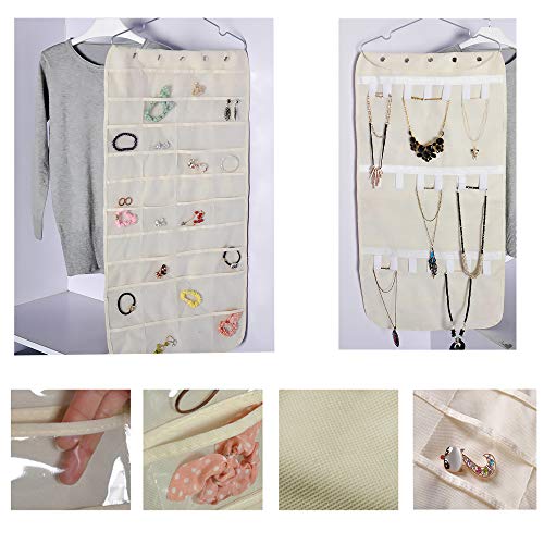 Hanging Jewelry Organizer Bag (40-Pockets) & 20 Magic Tape Hook Storage Bag Closet Storage for Portable Travel, Rings, Earrings, Necklaces, Clear PVC Plastic Windows, Roll-Up (Beige)
