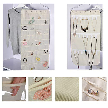 Hanging Jewelry Organizer Bag (40-Pockets) & 20 Magic Tape Hook Storage Bag Closet Storage for Portable Travel, Rings, Earrings, Necklaces, Clear PVC Plastic Windows, Roll-Up (Beige)