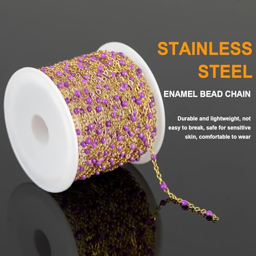 KYUNHOO 5 Meters Gold Stainless Steel Chains for Jewelry Making with Clasps | Purple Enamel Beaded Chain Roll Necklace Bracelet Making Supplies Small Gold Cable Chain Link - color: Gold-Purple-2mm