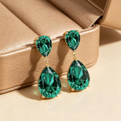 Teardrop Crystal Drop Earrings for Women, 14K Gold Plated Large Double Teardrop Dangle Earrings,Rhinestone Earrings for Wedding Prom Bridesmaid Party,Emerald/Red/Blue/Black/Pink/White Statement Earrings - color: red