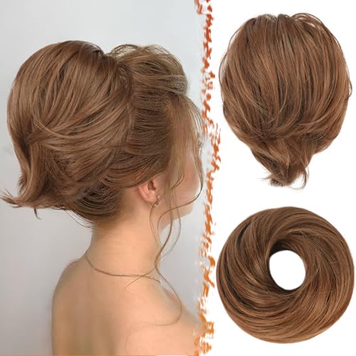 BARSDAR Straight Hair Bun Extensions - Synthetic Fully Short Ponytail Hair Bun Extensions for Women - Elastic Messy Bun Hair Scrunchies Hairpieces Daily - Golden Copper & Light Brown - color: Golden Copper & Light Brown, size: 1 Count - Elastic