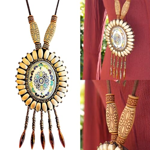 Bohemian Beaded Necklace for Women Long Boho Pendant Wood Mala Beads Wooden Strand Tassel Stone Bohemian Necklaces for Women Jewelry - style: Hippie Ethnic Set