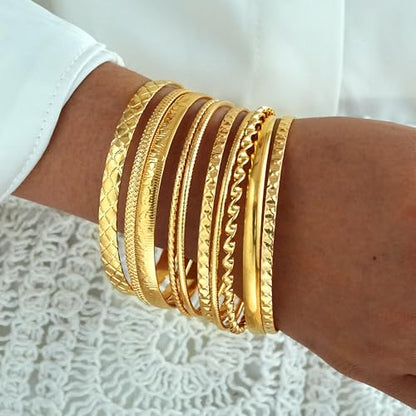 ÌF ME Gold Bangle Bracelets for Women, Indian Bangles Stackable Set, Multi Layer Textured 18K Gold Plated Chunky Bracelets Boho Jewelrys Set - style: F-10PCS Textured bangles