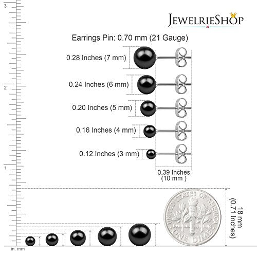 Jewelrieshop Faux Pearl Stud Earrings 5 Pairs, Stainless Steel Hypoallergenic Starter Set for Women - color: Black