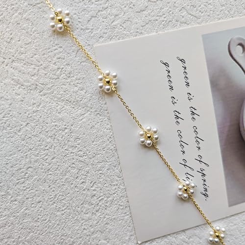 OGD Gold Pearl Necklace Set for Women 14K Plated Layered Daisy Choker Gift - color: Gold Daisy Pearl-1PCS