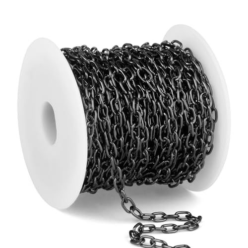 33FT 4MM Black Rolo Cable Chain Roll Bulk for Jewelry Making DIY Craft | Light Weight Black Plated Aluminium Cable O Link Chains Spool for Necklace Bracelet - color: Black Color, size: 4mm width