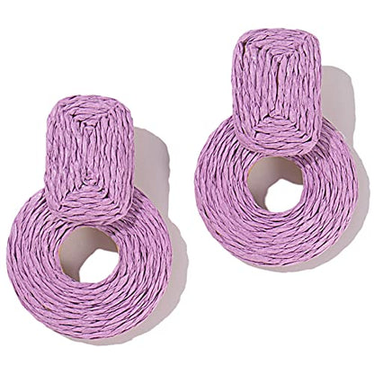 Statement Raffia Earrings Cute Boho Earrings Rattan Dangle Earrings Handmade Straw Wrap Earrings Summer Drop Dangling Earrings for Women Teen Girls - color: Purple