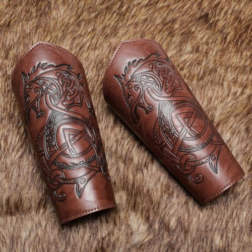 Medieval Leather Bracers Dragon Embossed Viking Leather Bracers Leather Arm Armer Cuff Leather Gauntlet Costumes Accessories - style: Dragon Leather Bracers-light Brown
