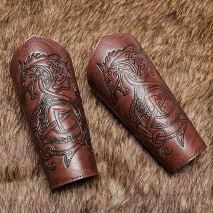 Medieval Leather Bracers Dragon Embossed Viking Leather Bracers Leather Arm Armer Cuff Leather Gauntlet Costumes Accessories - style: Dragon Leather Bracers-light Brown