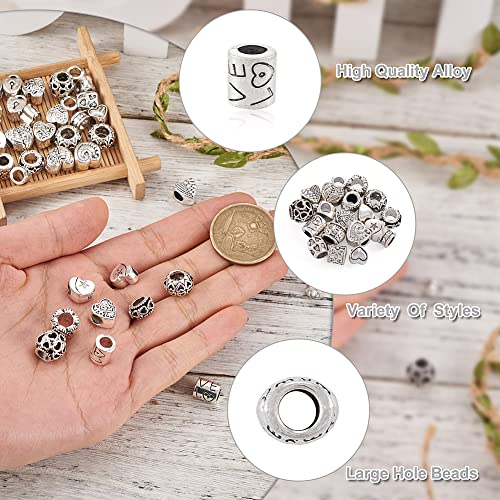 Craftdady 72pcs Tibetan European Large Hole Beads Antique Silver Heart Column Rondelle Loose Spacer Metal Beads Macrame Beads Charms 7.5~11mm for Snake Chains Bracelet Jewelry Making - color: Antique Silver-18 Style