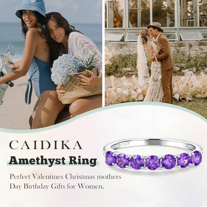 3.5mm Stackable Rings S925 Sterling Silver Created Birthstone & Cubic Zirconia Ring for Women Wedding Bands Anniversary Birthday Jewelry Size 6 to 10(with Box) - color: 02-Created Amethyst-Feb
