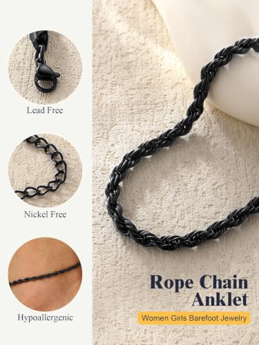 U7 Ankle Bracelets for Women Stainless Steel Waterproof Tarnish Resistant | 18K Gold Plated/Silver/Rose Gold Anklets, Cuban Chain Anklet Bracelets, Perfect for Summer Beach and Vacation Outfits - color: Black-3mm-Rope Chain