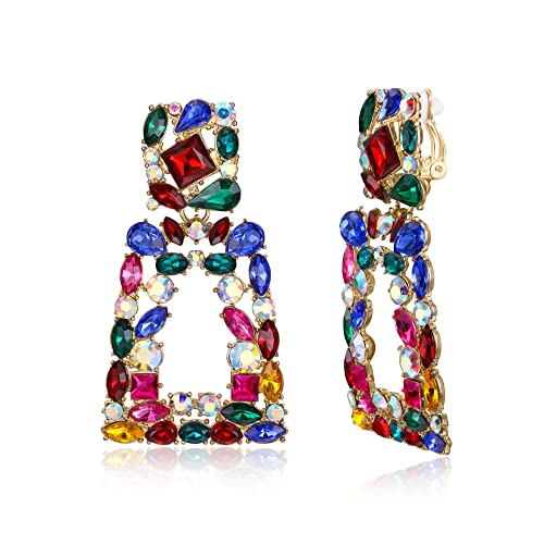 Flyonce Rectangle Clip-on Drop Earrings for Women, Sparkly Rhinestone Crystal Geometric Statement Non Pierced Earring Wedding Prom Party Jewelry for Brides Bridesmaid - color: Colorful