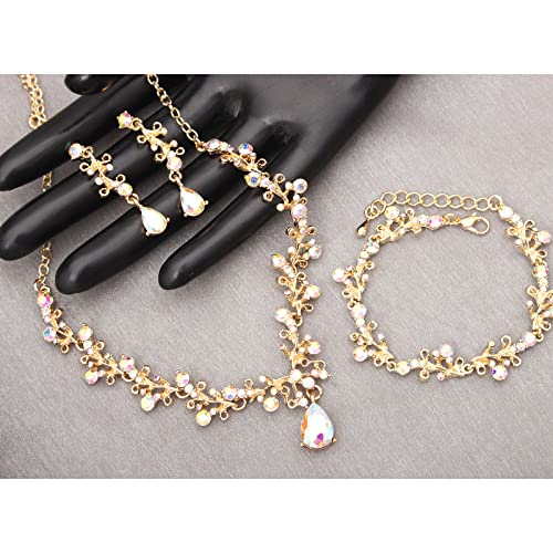 3Pcs Austrian Crystal Jewelry Set for Women, Necklace Dangle Earrings Link Bracelet Jewelry Set with Gold/Platinum/Gun Plated, Wedding Party Jewelry for Bridal Bridesmaid - color: AB Crystal-Gold Plated