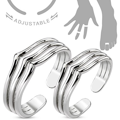 Pair Triple Lines Adjustable Rhodium Plated Brass Mid-Ring/Toe Ring