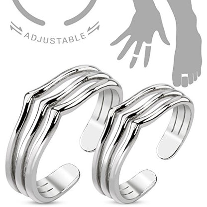 Pair Triple Lines Adjustable Rhodium Plated Brass Mid-Ring/Toe Ring