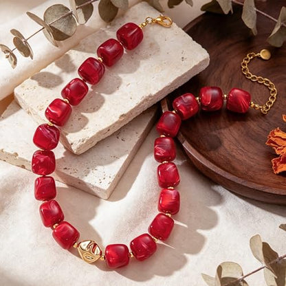 Beaded Necklaces for Women Boho Chunky Necklace Statement Big Resin Bead Choker Fashion Summer Beach Jewelry - color: Red